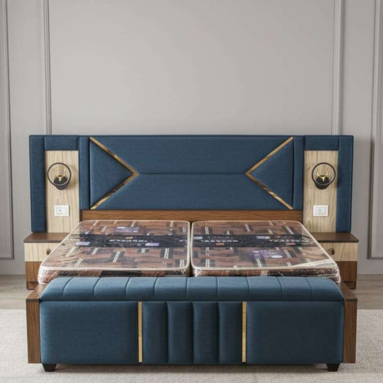Dark Blue Premium King Size Bed with Designerr Headboard and Storage